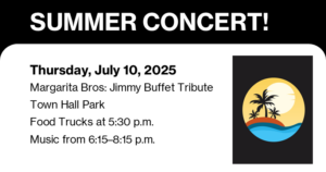 Jimmy Buffet tribute band July 10, food trucks 5:30 pm, music 6:15 pm, 2 Middlefield Road