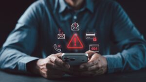 Man using smartphone with financial warnings above