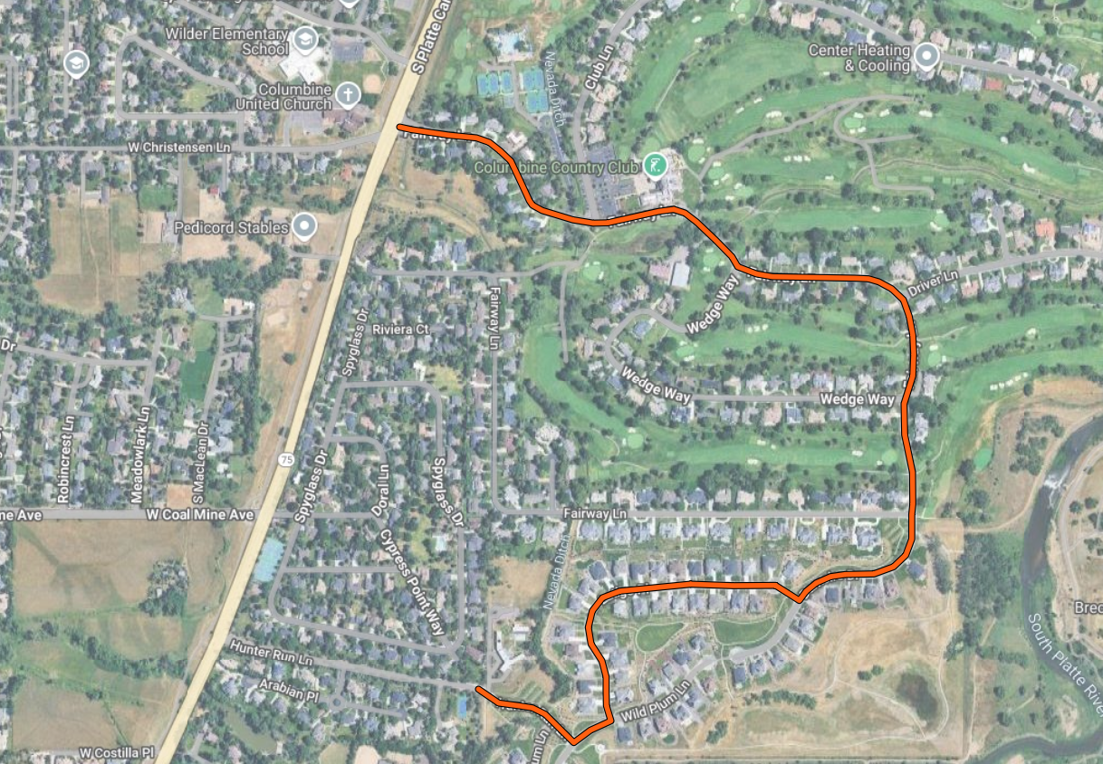 Detour showing Hunter Run lane east to the emergency access of Damsire and Latigo and then around Fairway to Platte Canyon