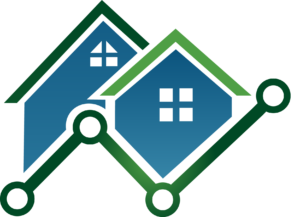 A blue and green logo with a house and four data points